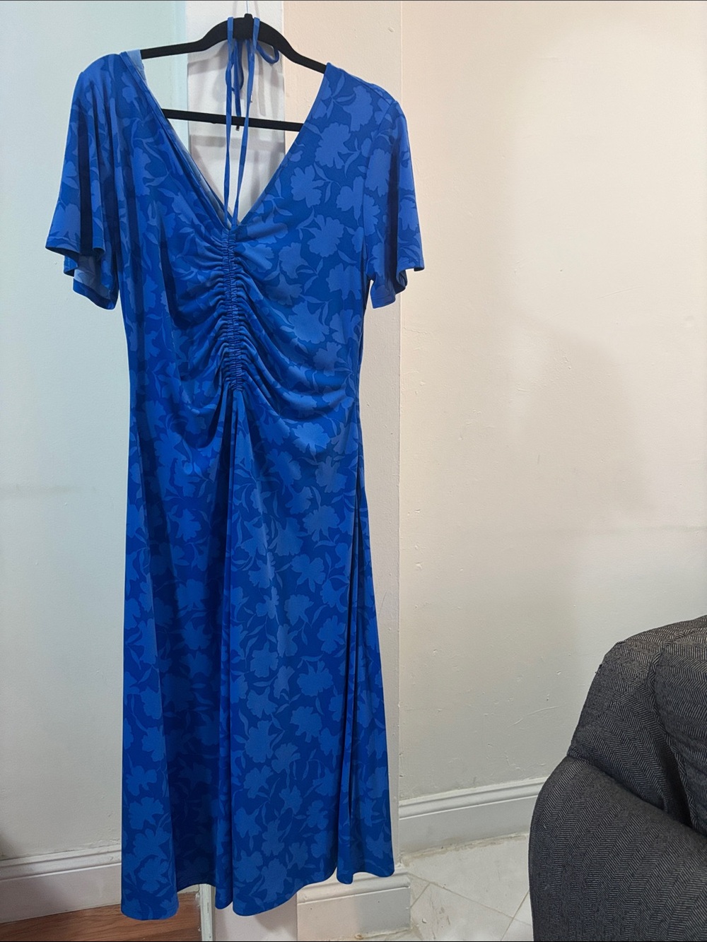 Michael Kors Royal Blue Floral Ruched V-Neck Midi Dress